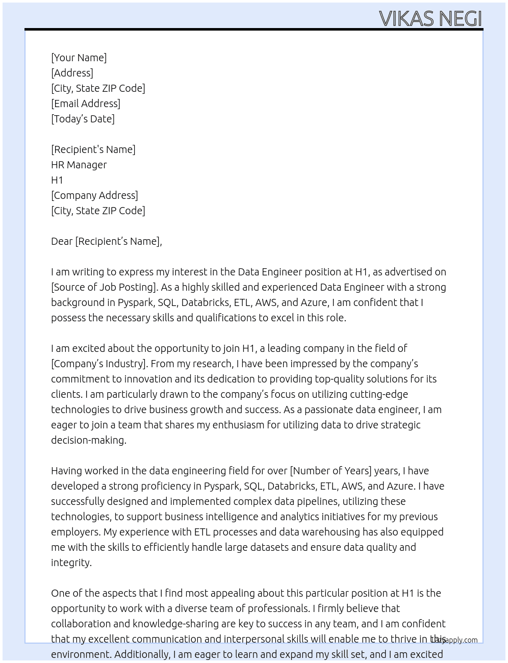 Data Engineer At H1 Cover Letter