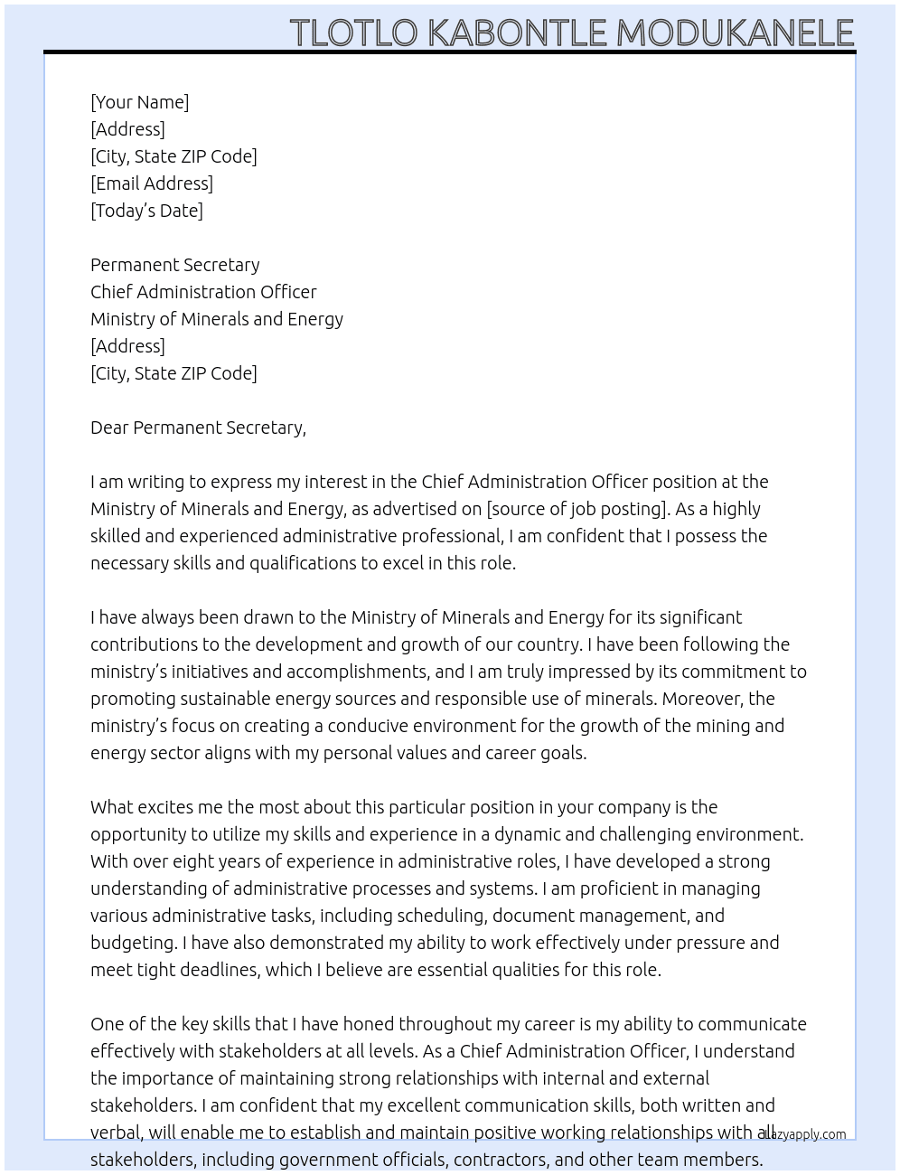 Chief Administration Officer  At Ministry of Minerals and Energy Cover Letter