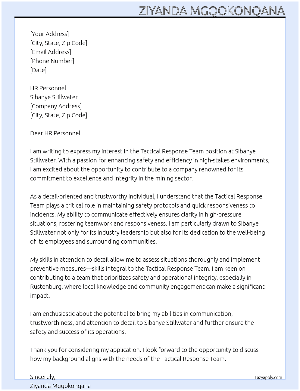 Cover letter for tactical response team - LazyApply