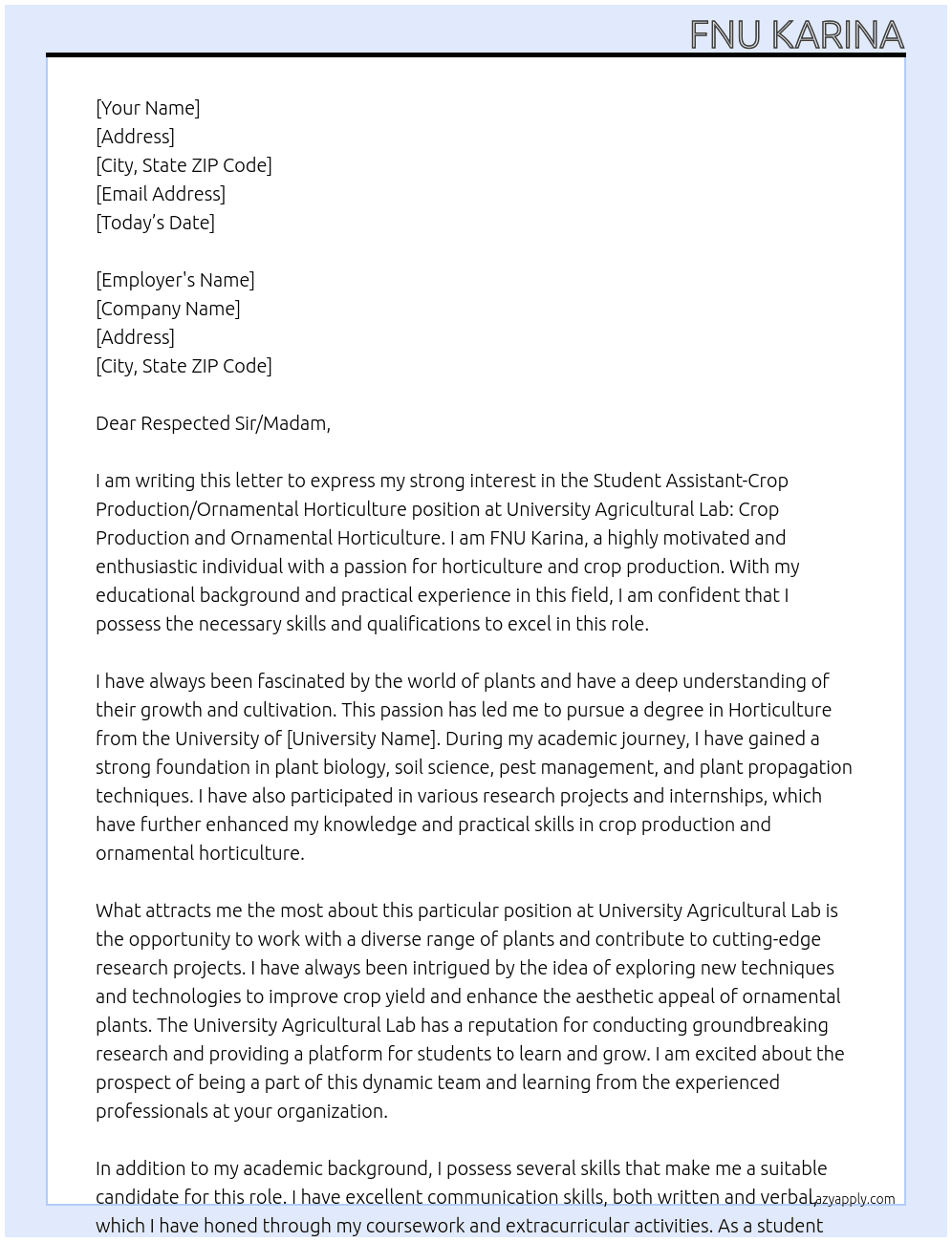   Student Assistant-Crop Production/Ornamental Horticulture At University Agricultural Lab: Crop Production and Ornamental Horticulture Cover Letter