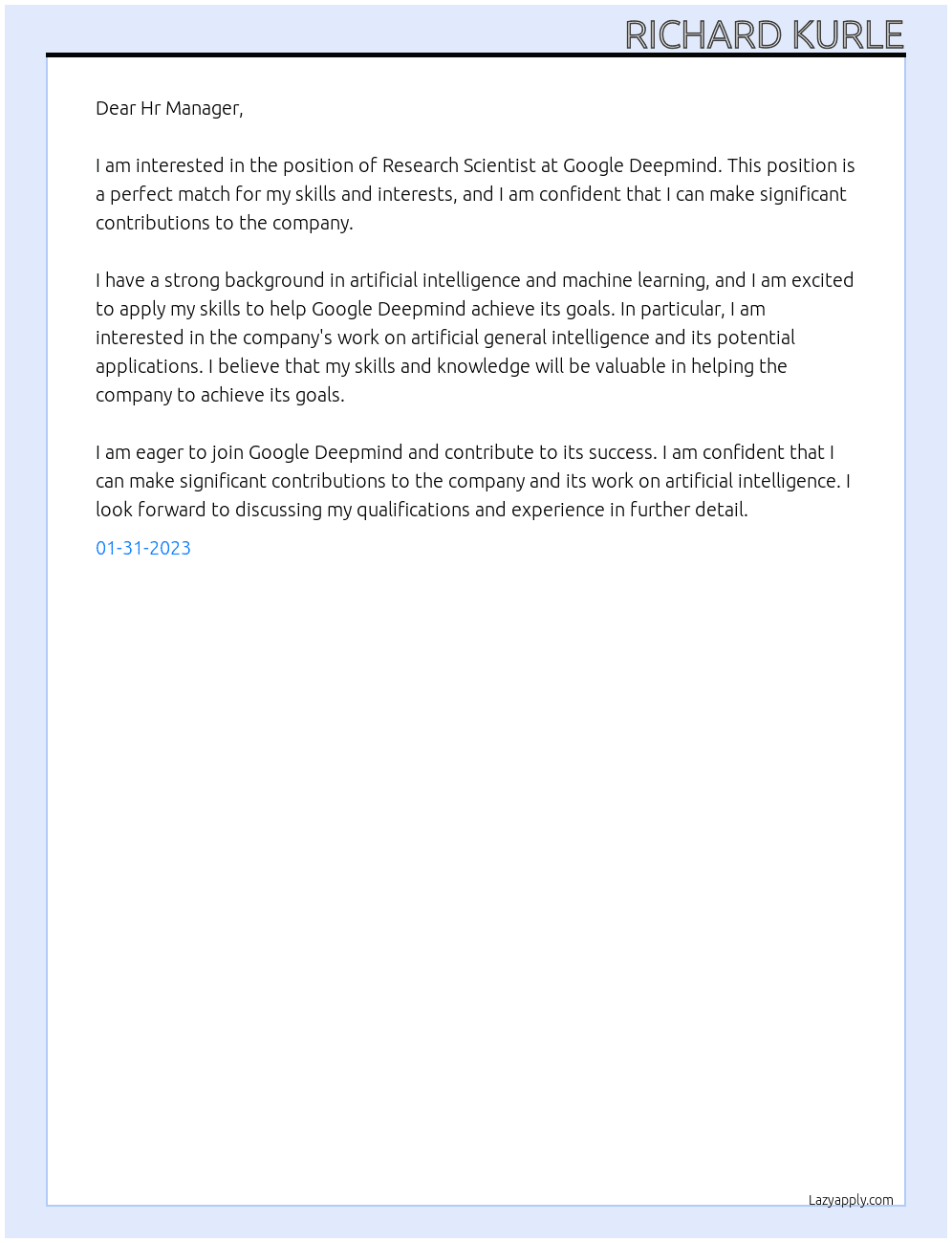 Research Scientist At Google Deepmind Cover Letter