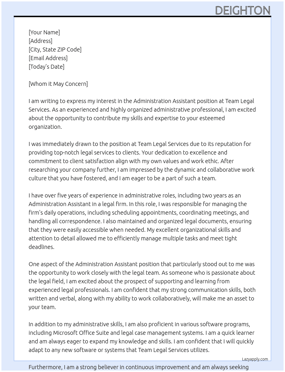 Administration Assistant At Team Legal Services Cover Letter