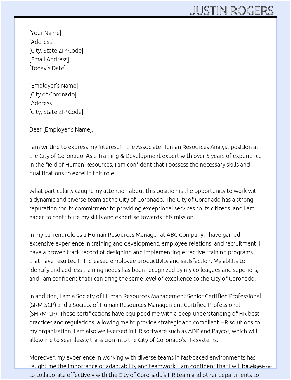 Associate Human Resources Analyst At City of Coronado  Cover Letter