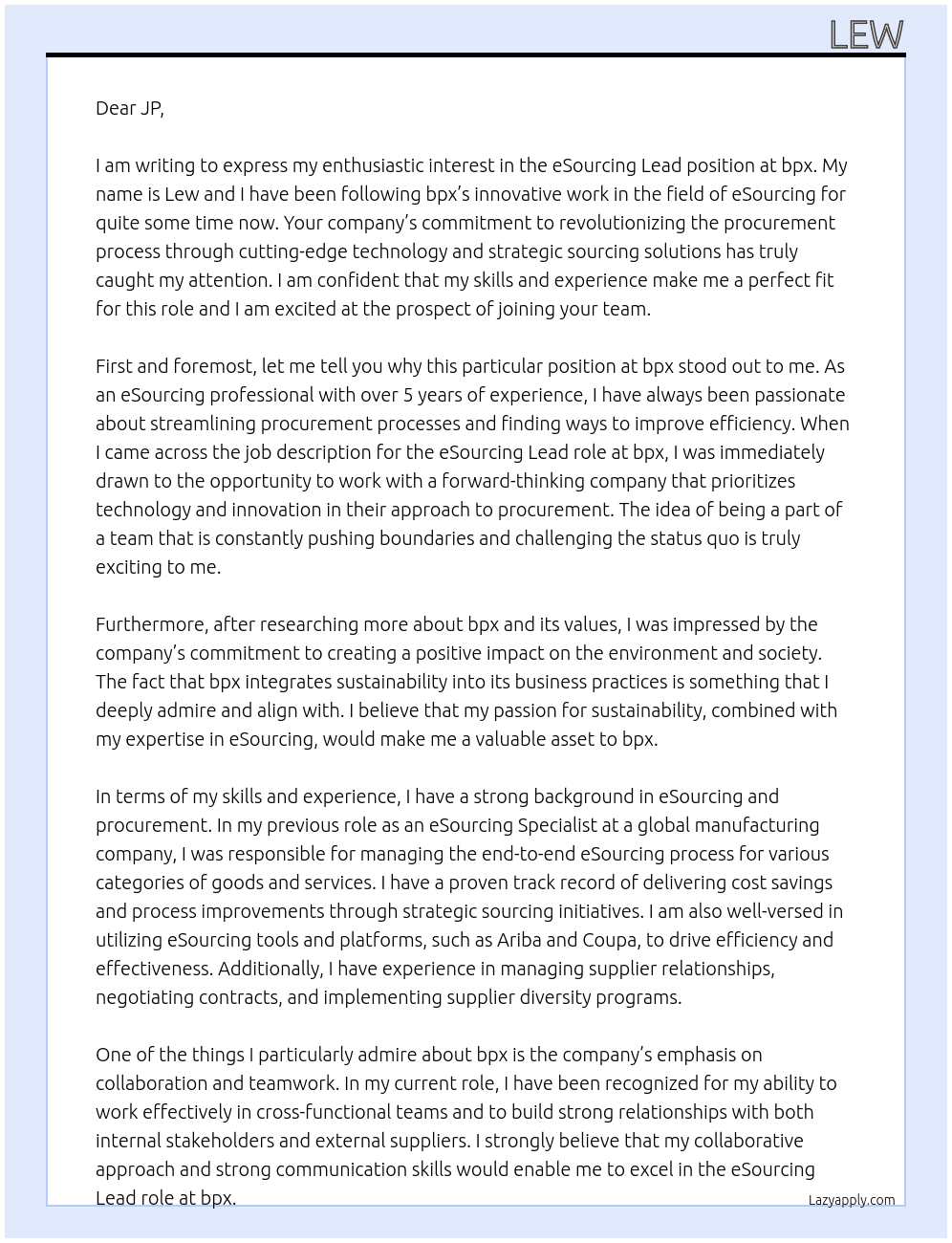 eSourcing Lead At bpx Cover Letter