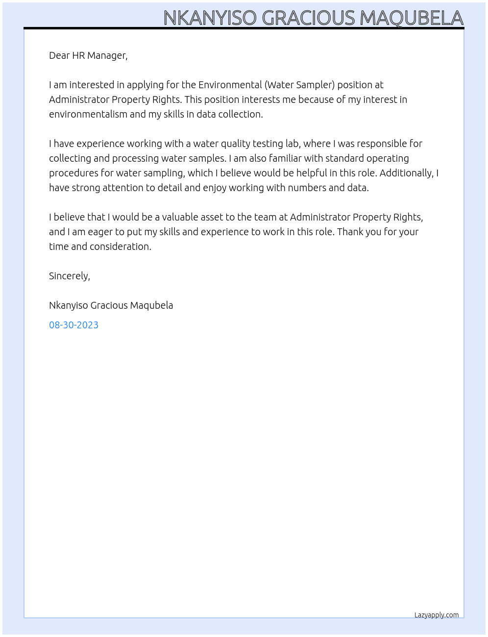 Environmental (Water Sampler) At Administrator Property Rights Cover Letter