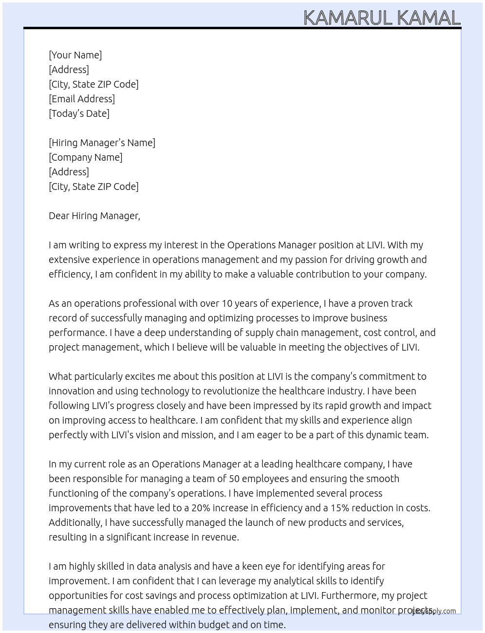 Operations Manager At LIVI Cover Letter