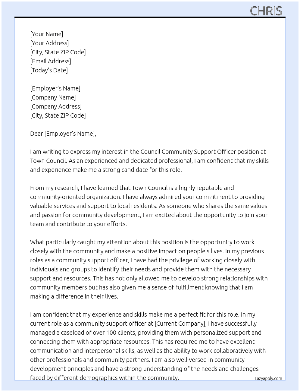 Council Community Support Officer At Town council  Cover Letter