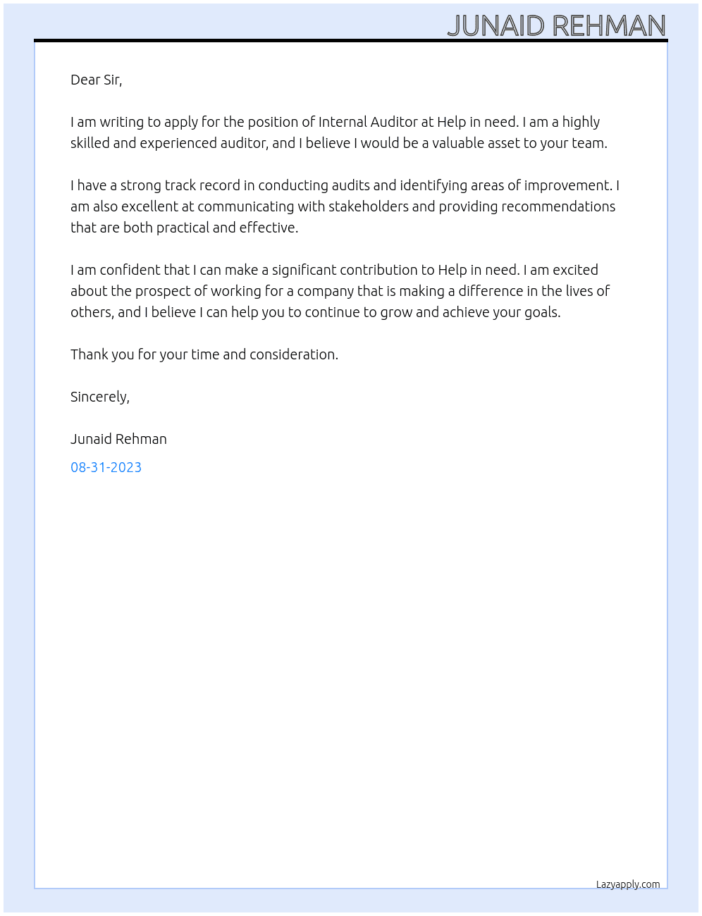 Internal Auditor At Help in need Cover Letter