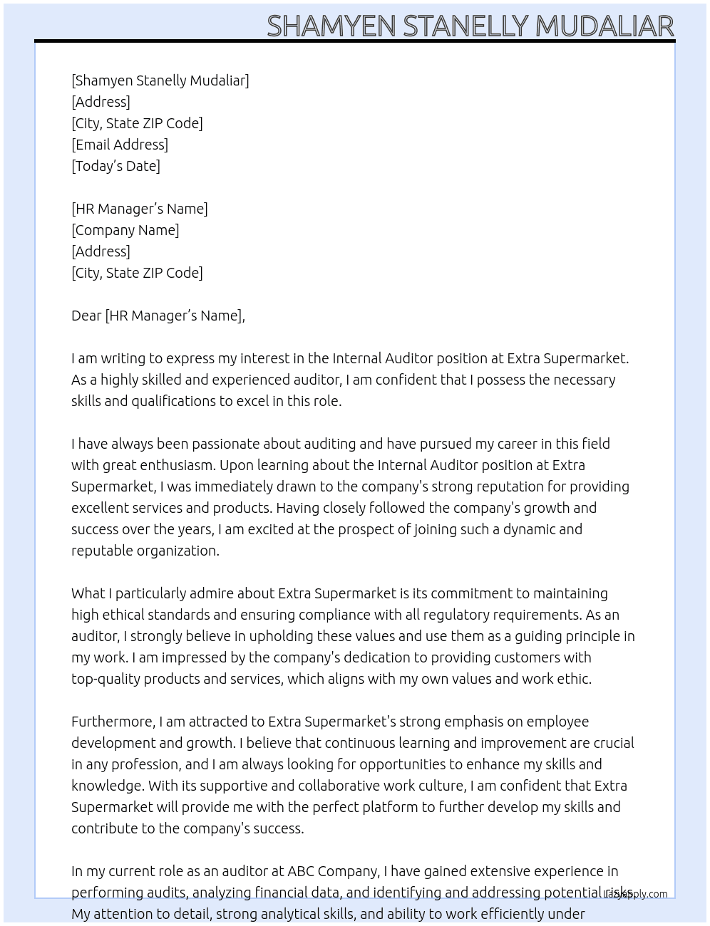 Internal Auditor  At Extra Supermarket  Cover Letter