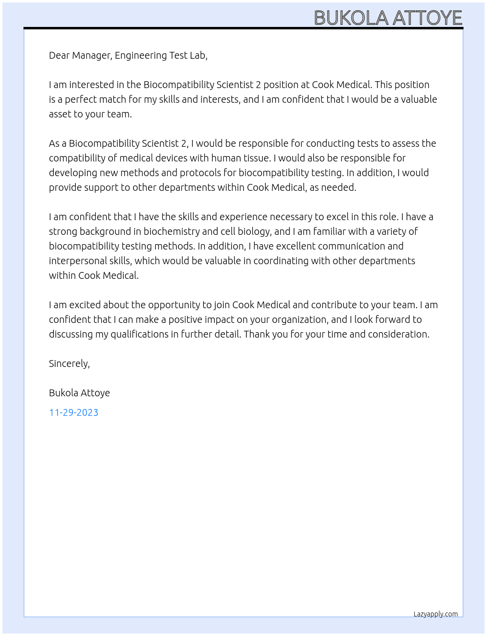Biocompatibility Scientist 2 At Cook Medical Cover Letter