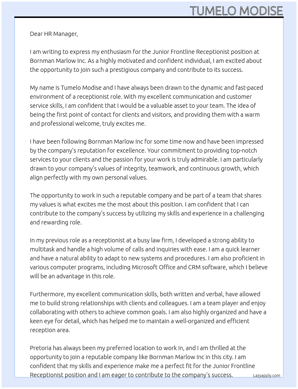 Junior Frontline Receptionist  At Bornman Marlow Inc Cover Letter