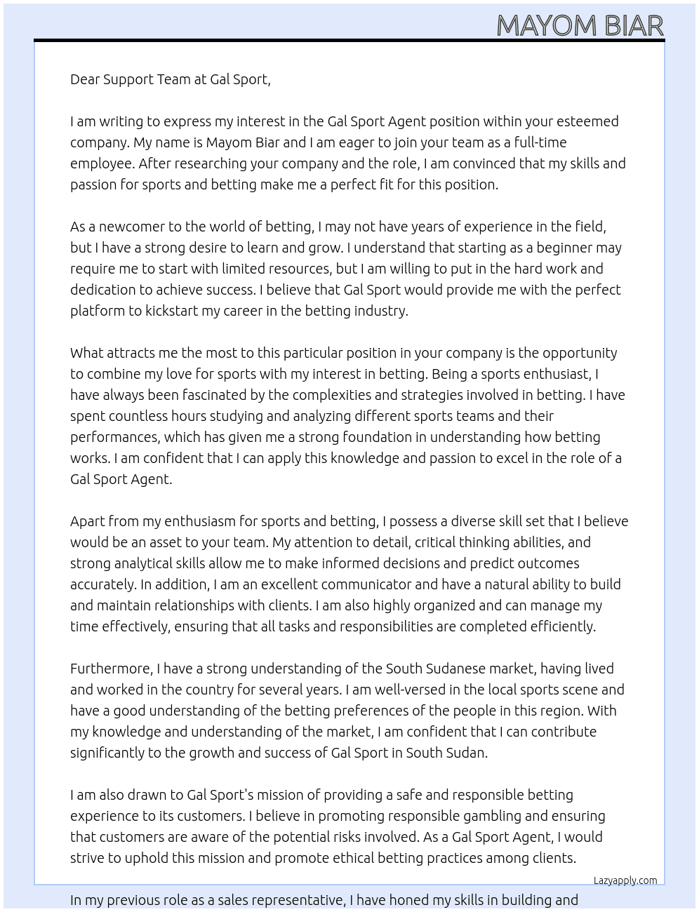Gal Sport Agent At Gal Sport Cover Letter