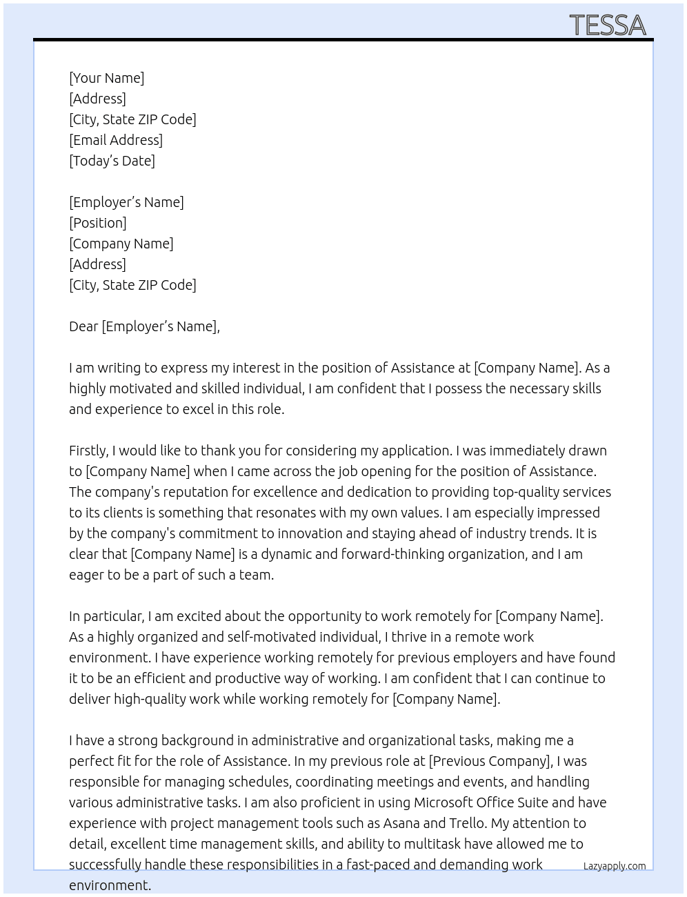 assistance  At Emoloyer Cover Letter