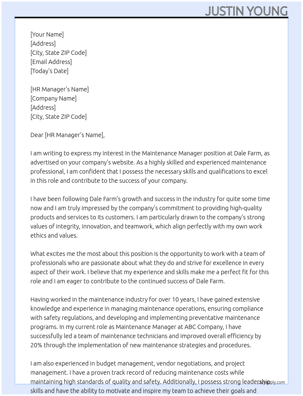Maintenance Manager  At Dale Farm Cover Letter