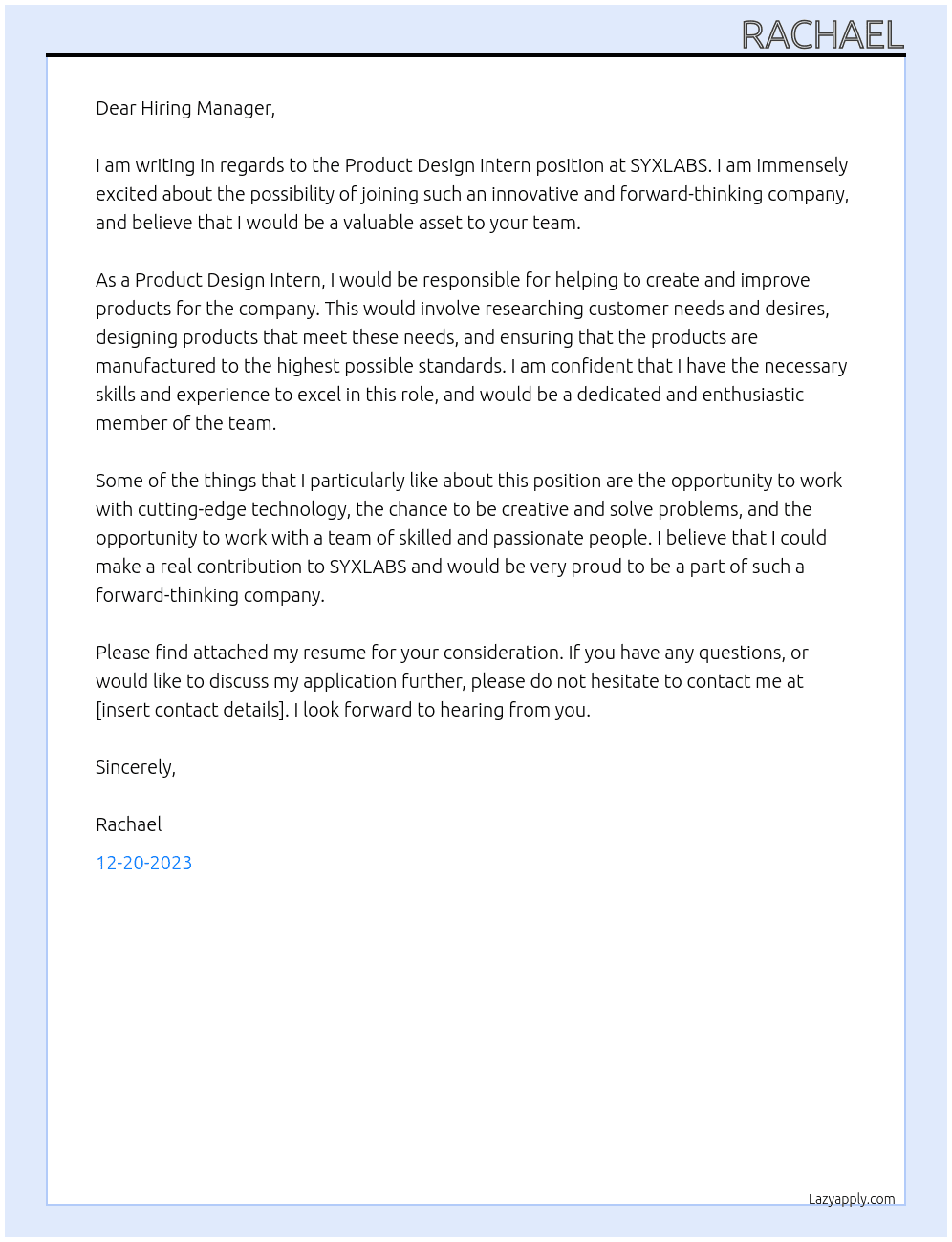 product design intern At SYXLABS Cover Letter