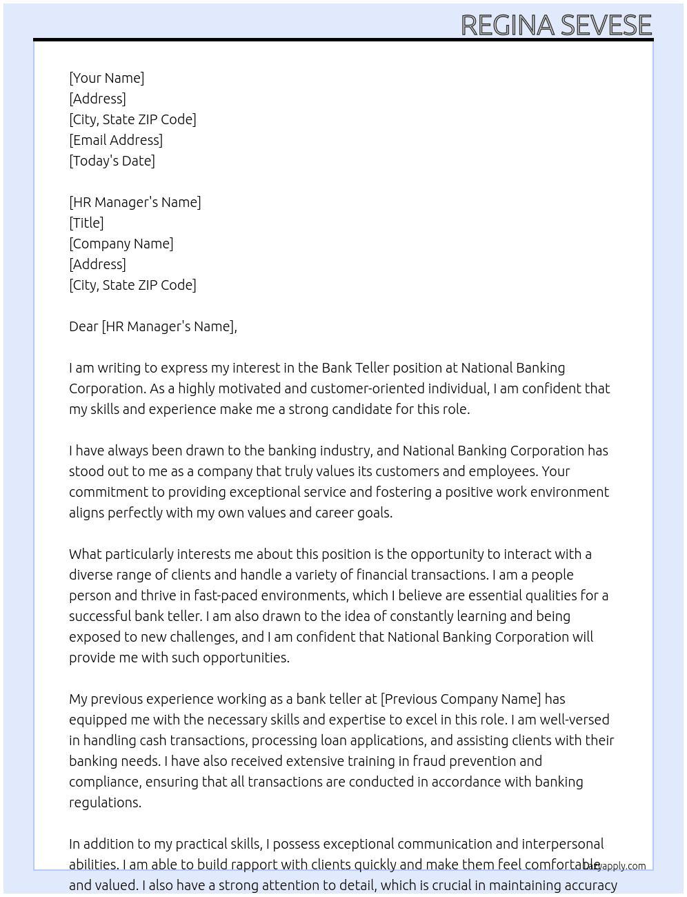 Bank Teller  At National Banking Corporation  Cover Letter