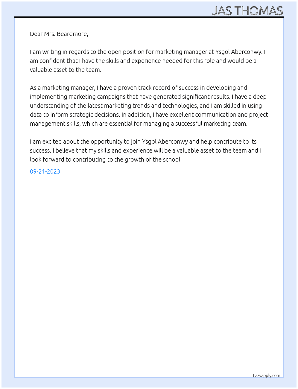 marketing manger At Ysgol Aberconwy Cover Letter