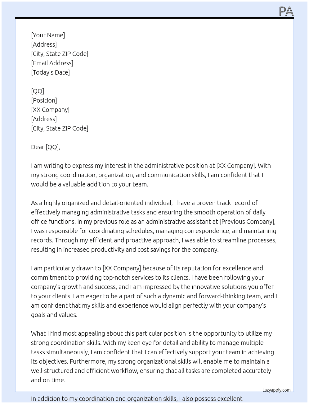 administrative  At xx Cover Letter