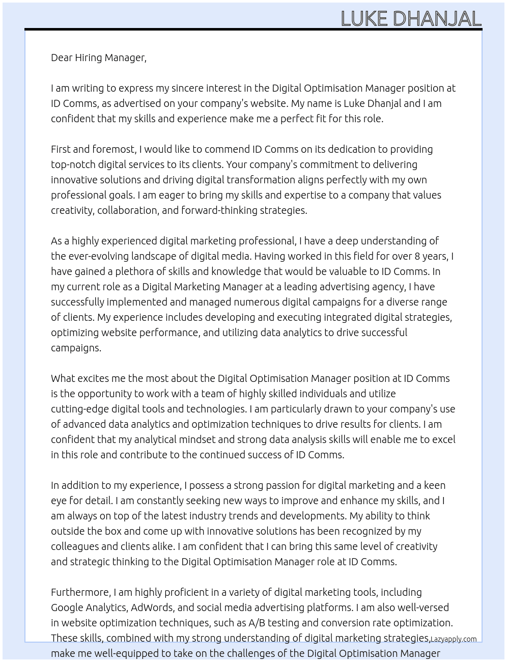 Digital Optimisation Manager At ID Comms Cover Letter