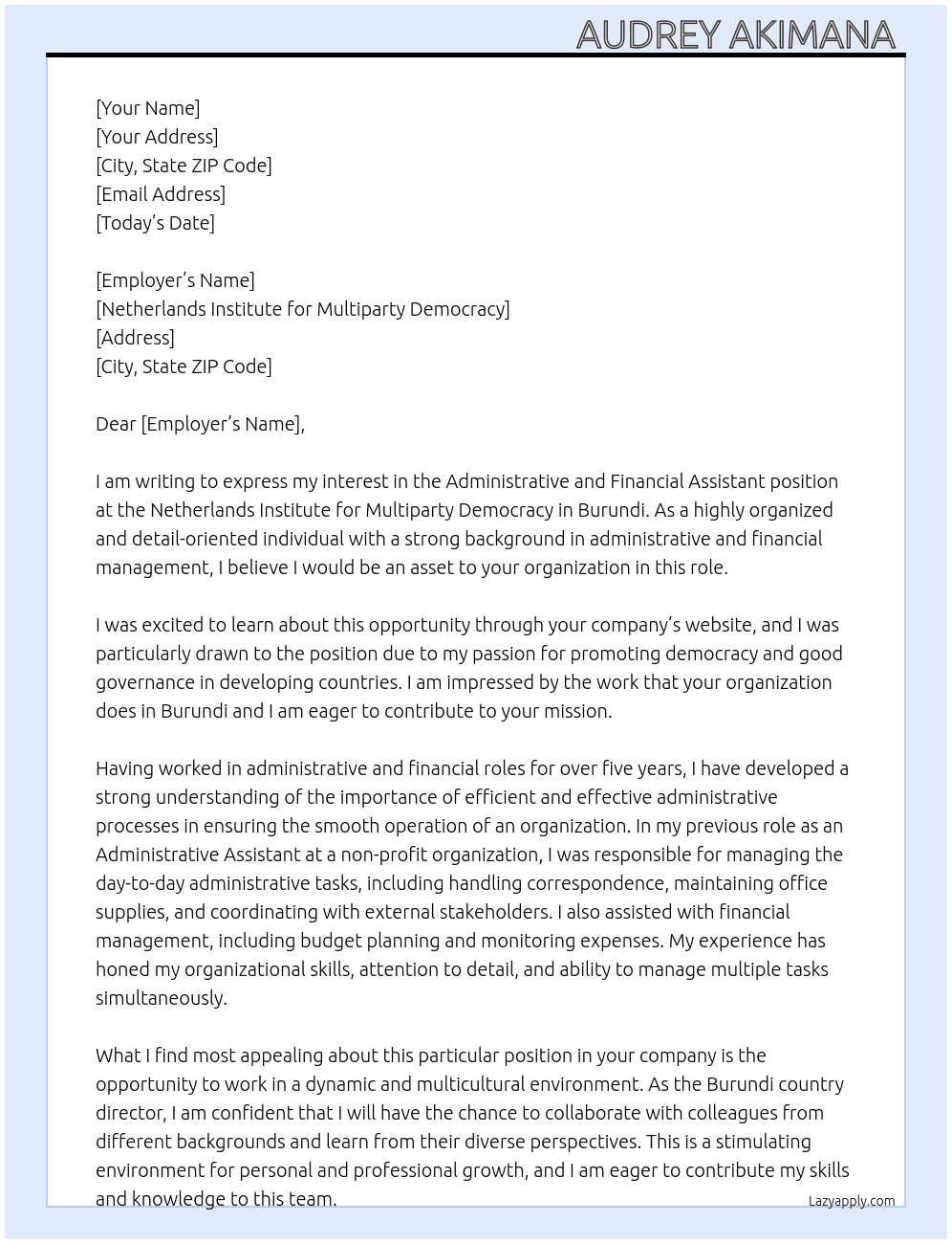Administrative and financial assistant  At Netherlands institute for multiparty democracy  Cover Letter
