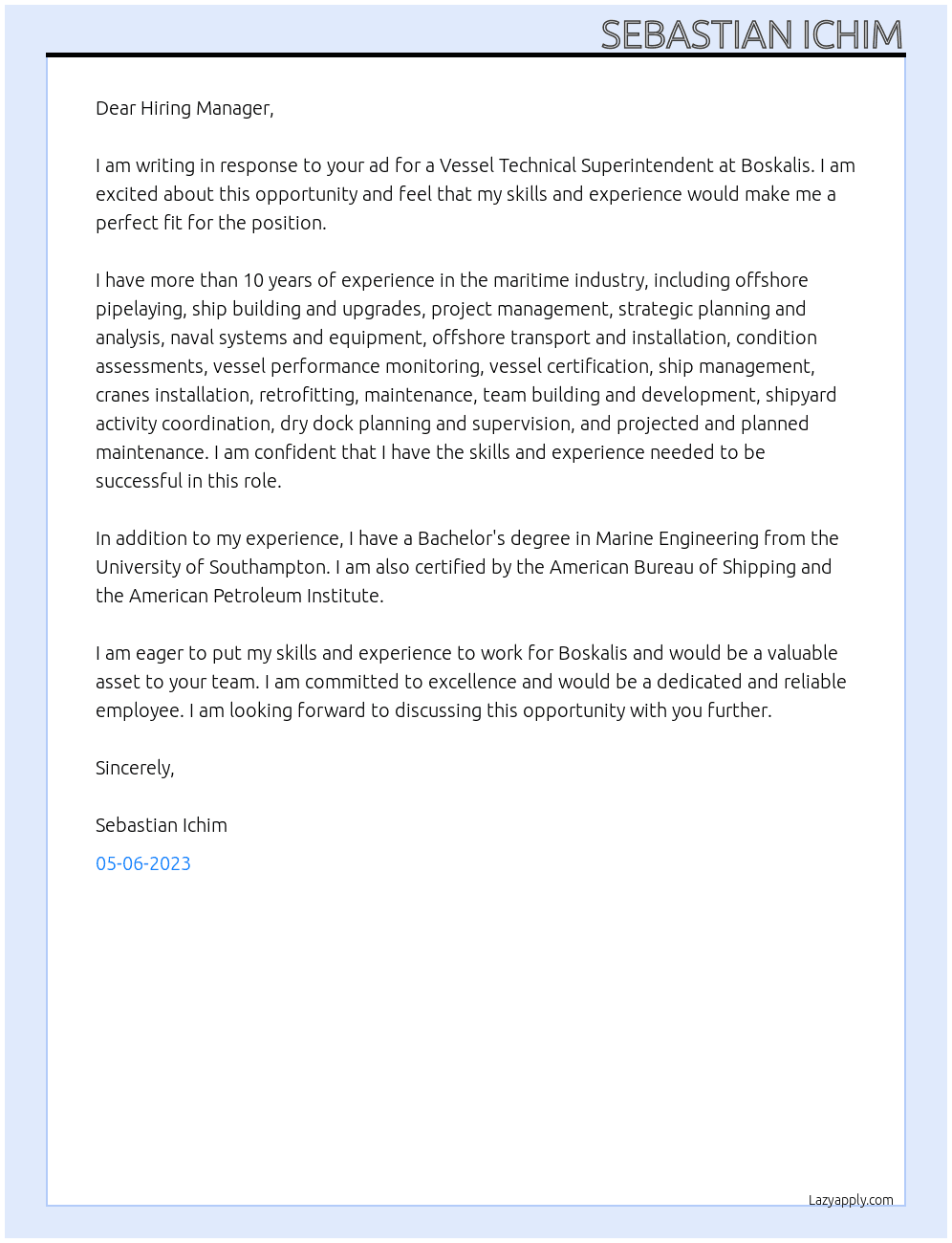 Vessel Technical Superintendent At Boskalis Cover Letter