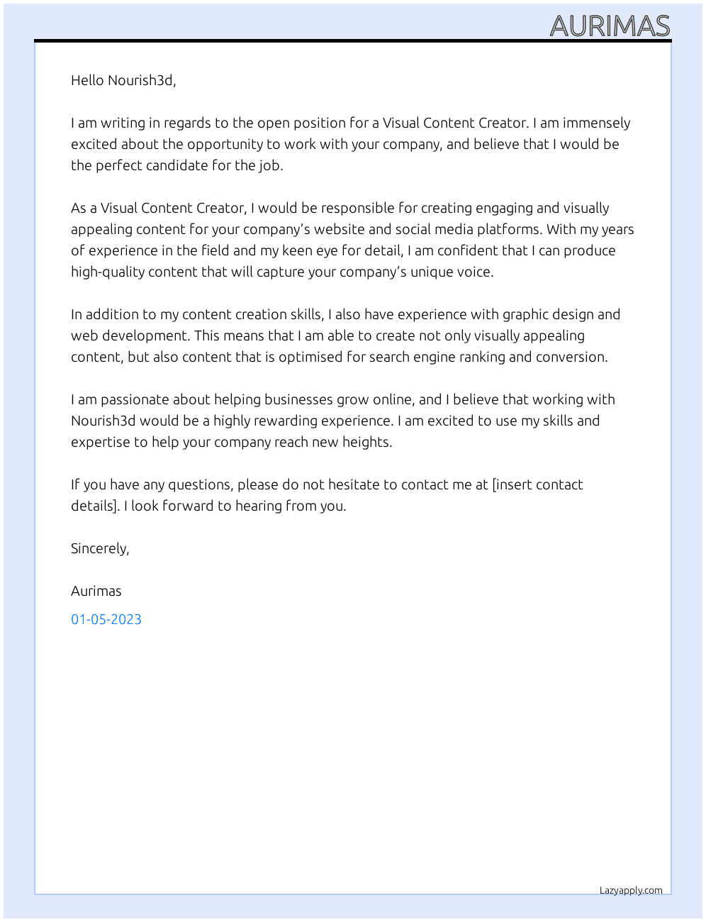  Visual Content Creator  At Nourish3d Cover Letter