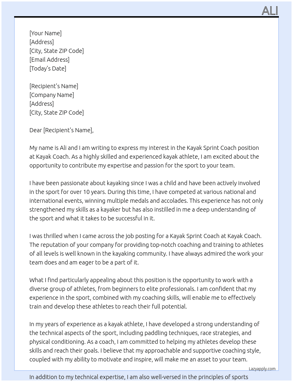 Kayak sprint coach At Kayak coach Cover Letter