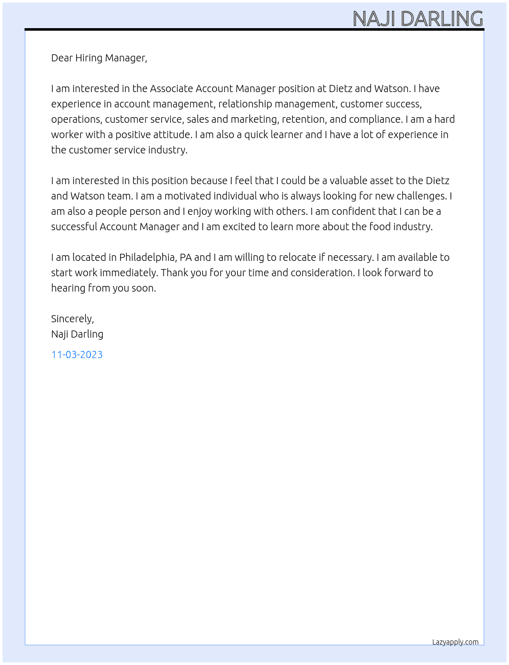 Associate Account Manager At Dietz and Watson Cover Letter
