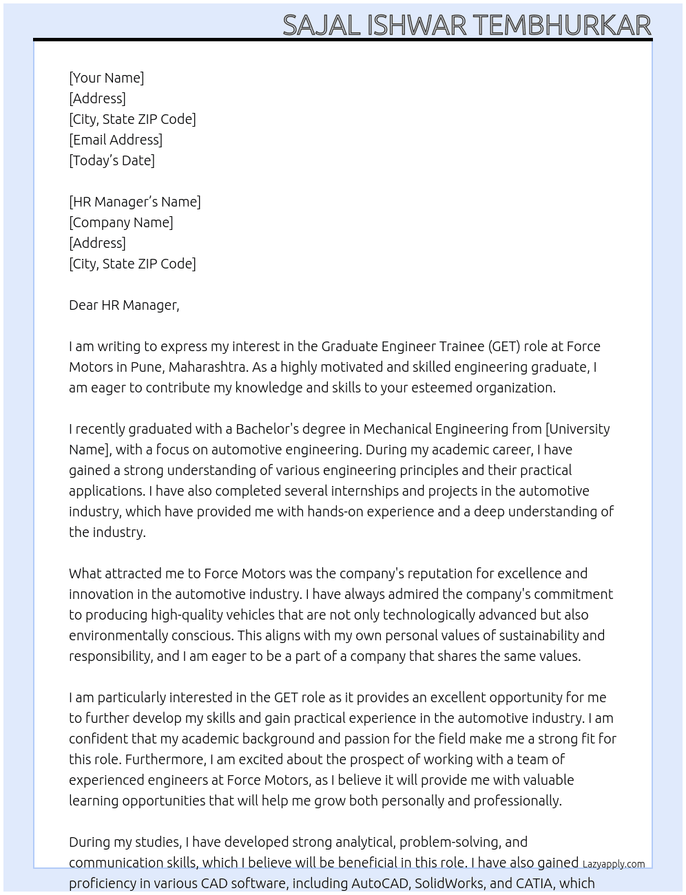 Graduate Engineer Trainee  At Force Motors  Cover Letter