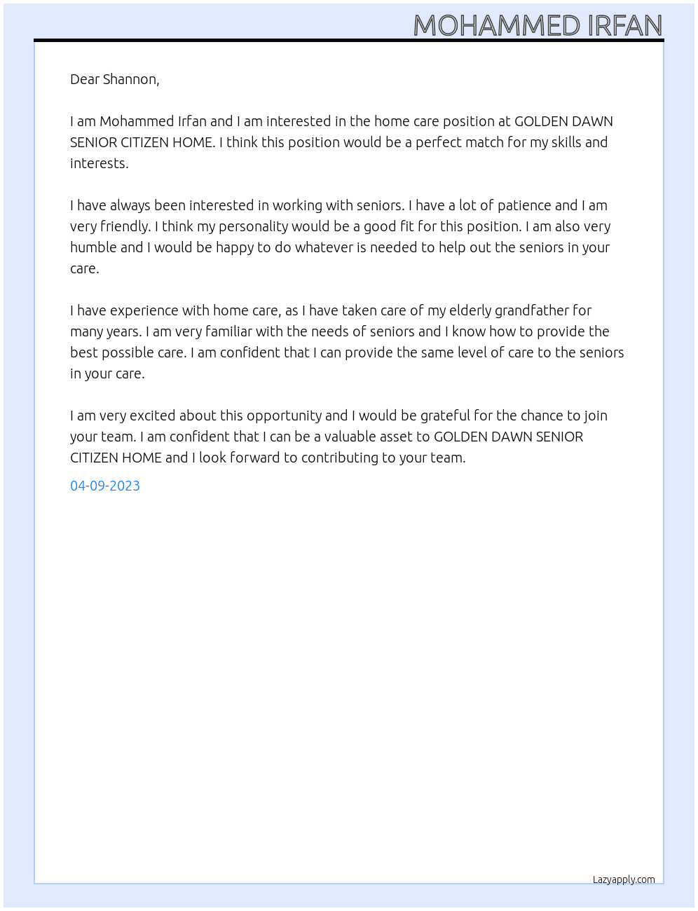Home care At GOLDEN DAWN SENIOR CITIZEN HOME  Cover Letter
