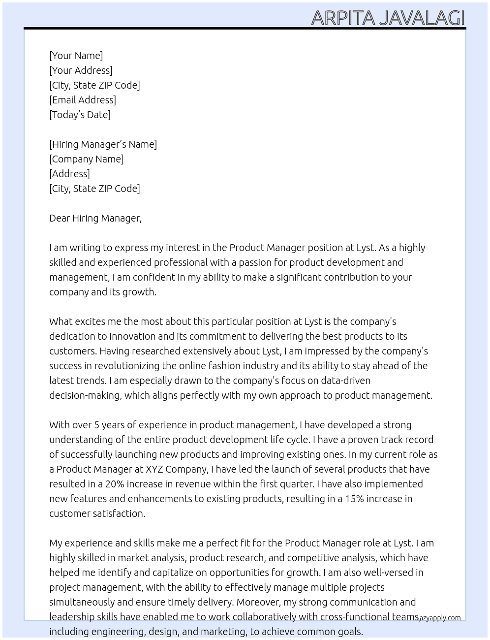 Product Manager At Lyst Cover Letter