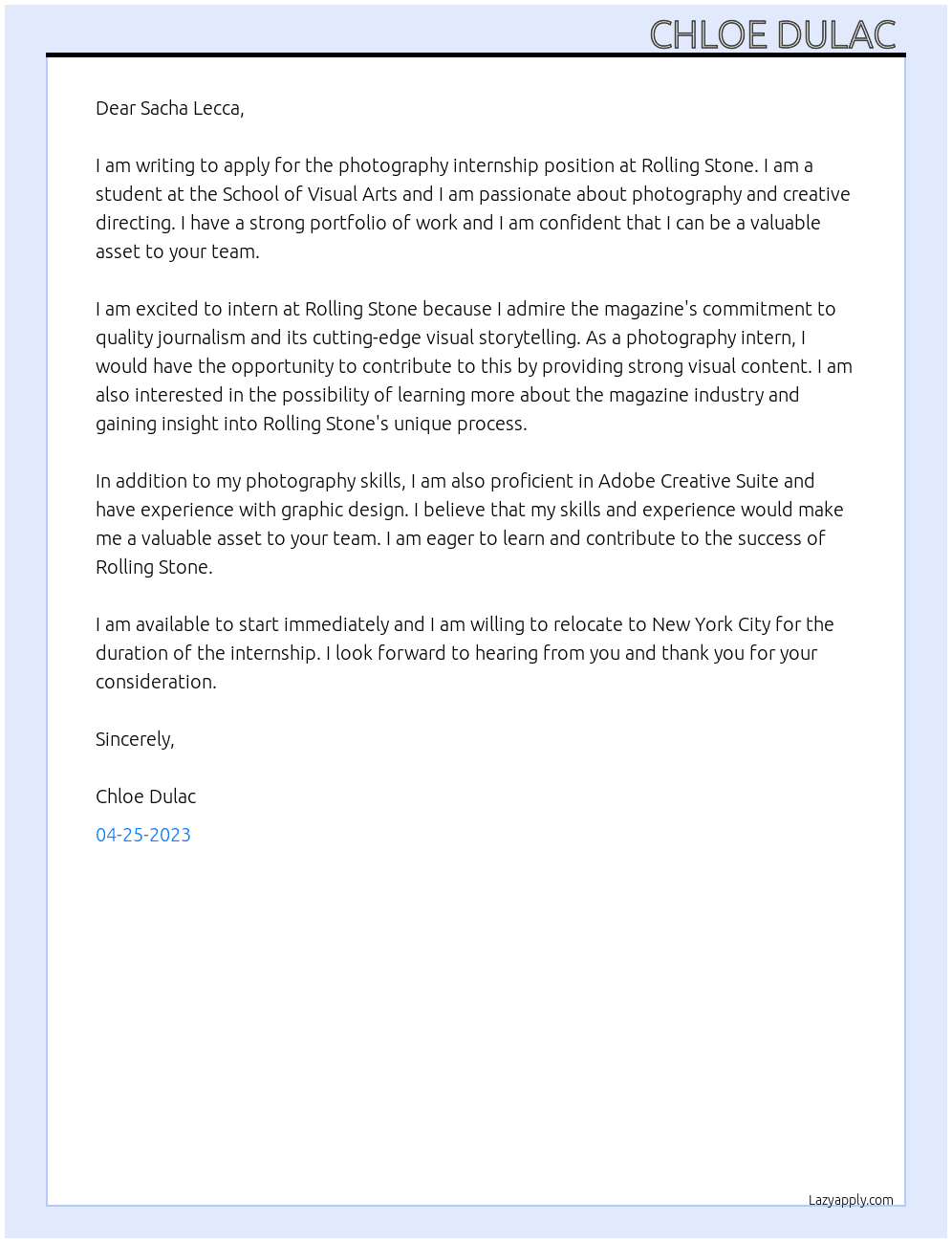 Photography At Rolling Stone Cover Letter