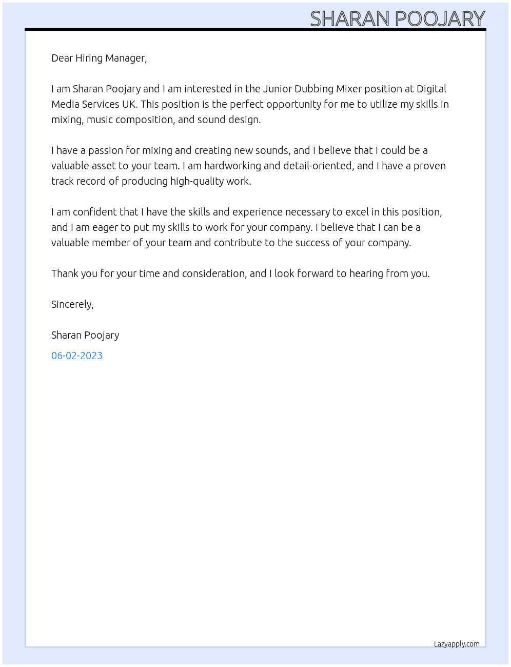 JUNIOR DUBBING MIXER At Digital Media Services UK Cover Letter