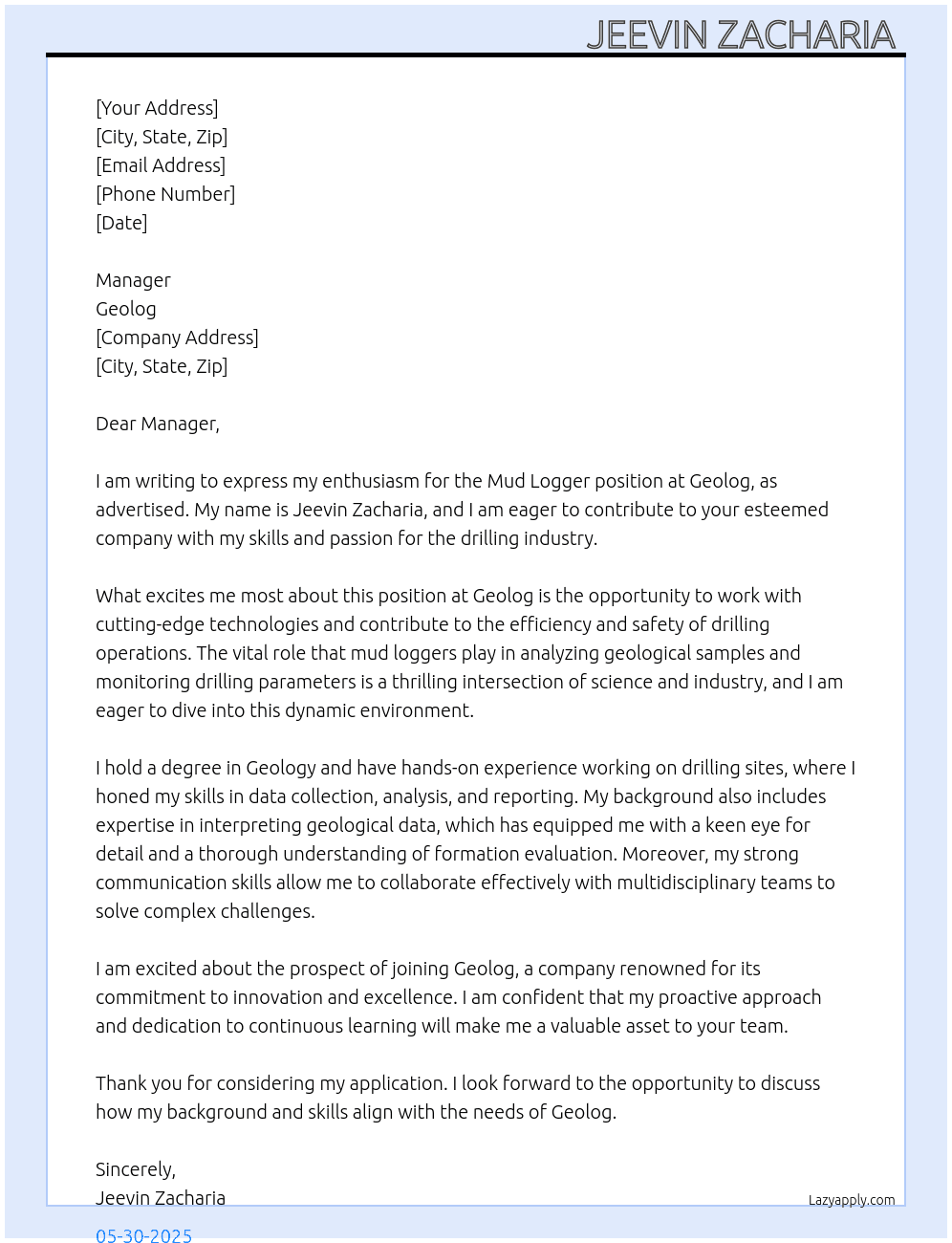 Mud logger  At Geolog  Cover Letter