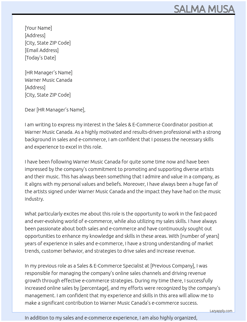 Sales & E-Commerce Coordinator At Warner Music Canada  Cover Letter