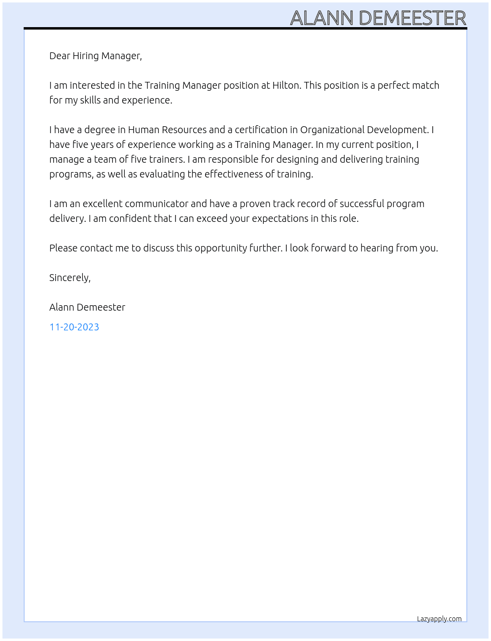Training Manager At Hilton Cover Letter