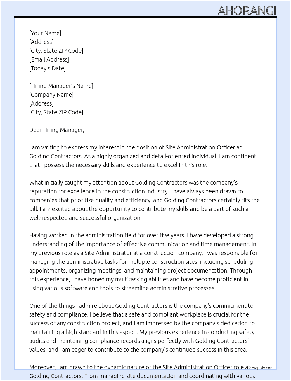 site administration officer At Golding contractors Cover Letter