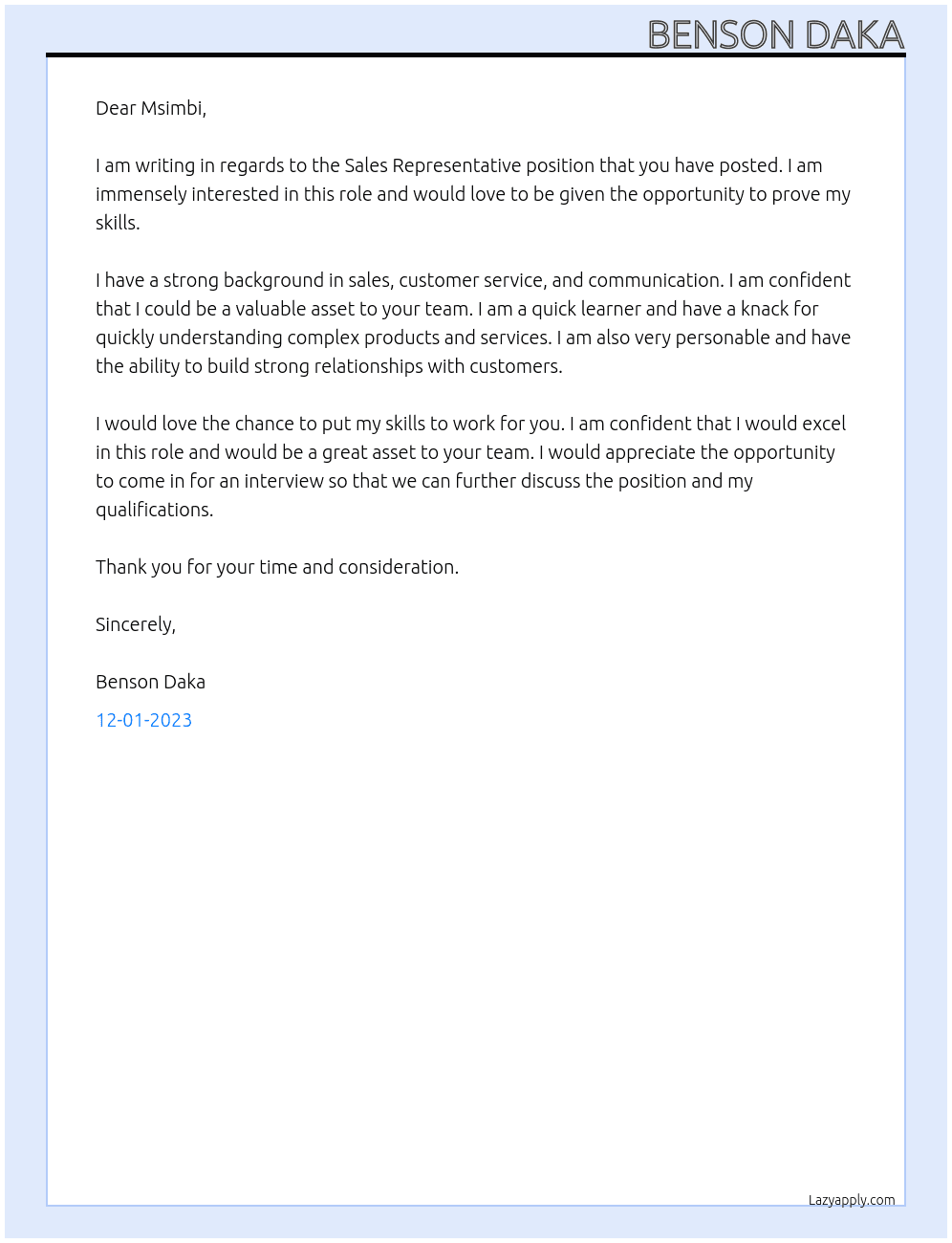 Sales representative  At Msimbi Cover Letter