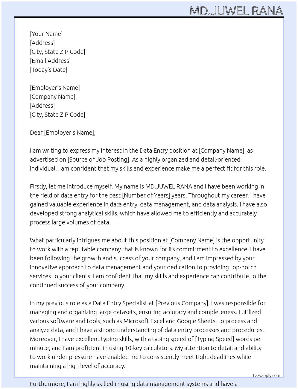 Data entry  At MD.JUWEL RANA Cover Letter
