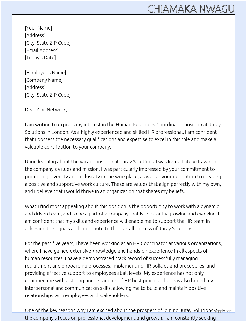 Human Resources Coordinator At Juray Solutions Cover Letter