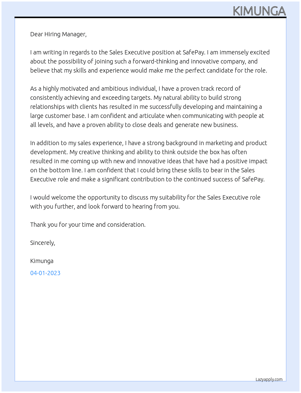 Sales Executive At SafePay Cover Letter