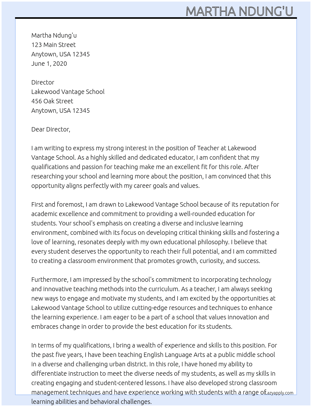 Teacher  At Lakewood Vantage  School   Cover Letter