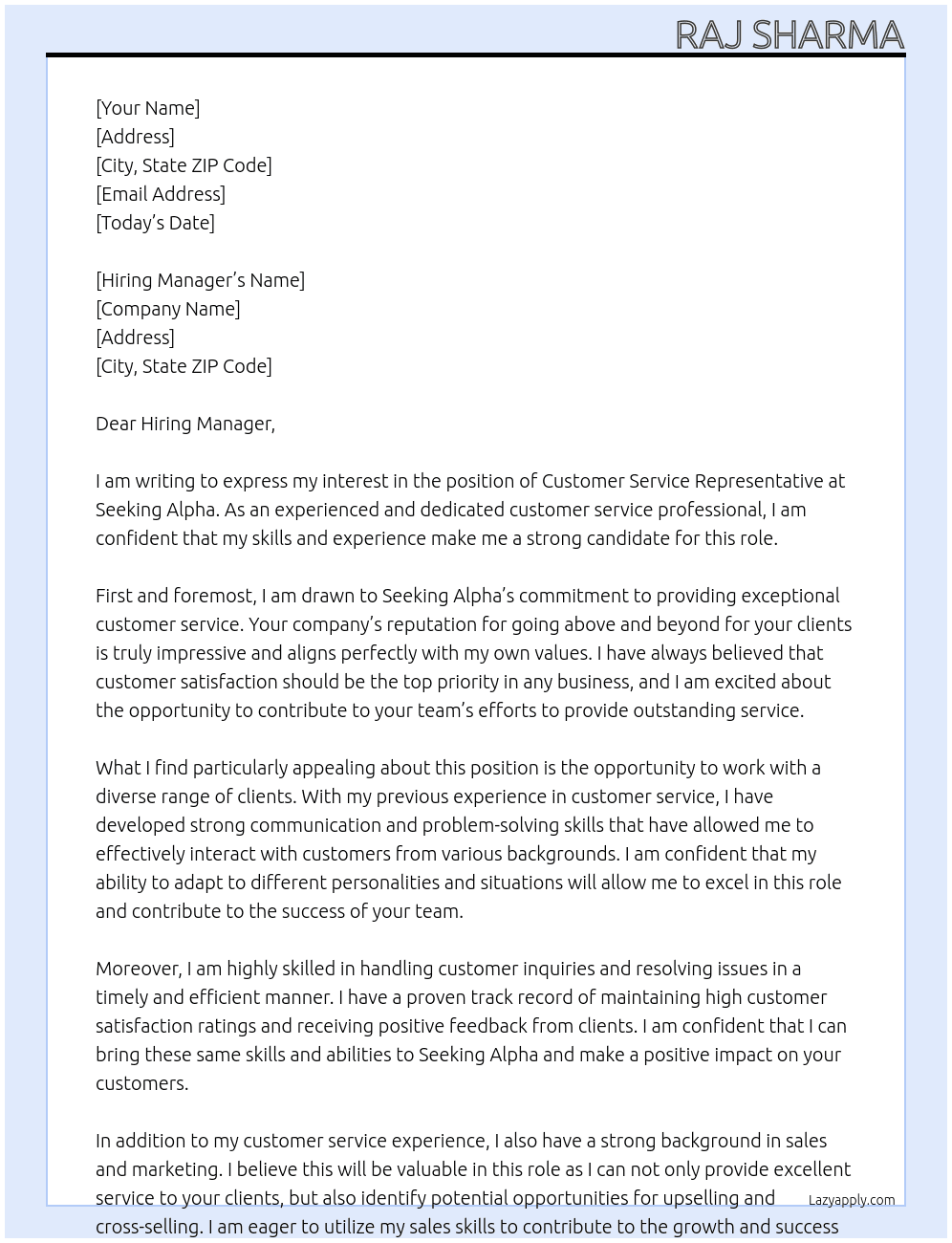 Customer service representative At Seeking Alpha Cover Letter