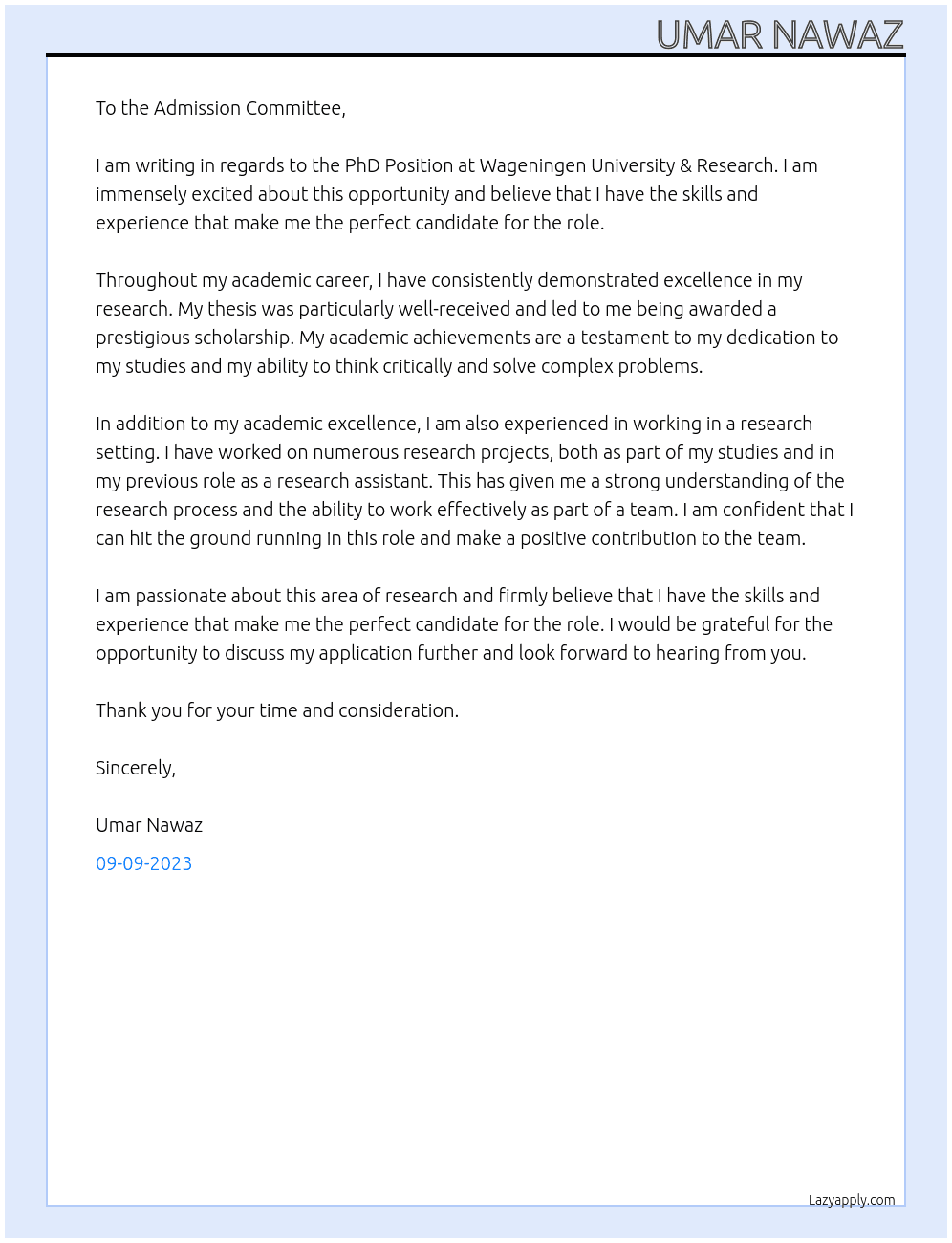 PhD Position At Wageningen University & Research Cover Letter