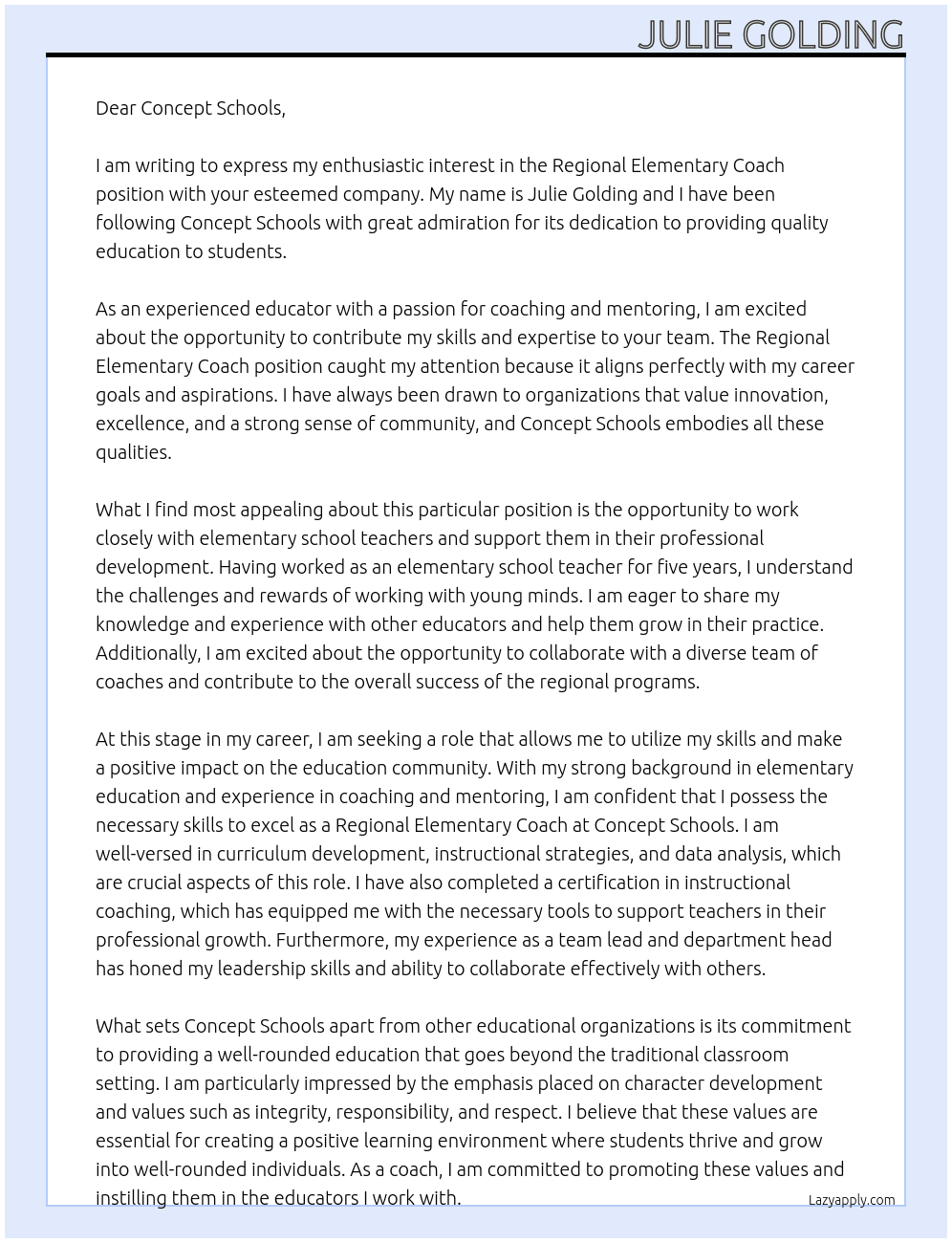 Regional Elementary Coach At Concept schools Cover Letter