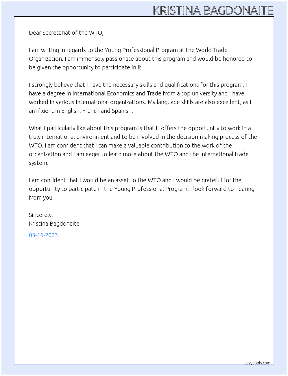 Young professional program At World Trade Organization Cover Letter