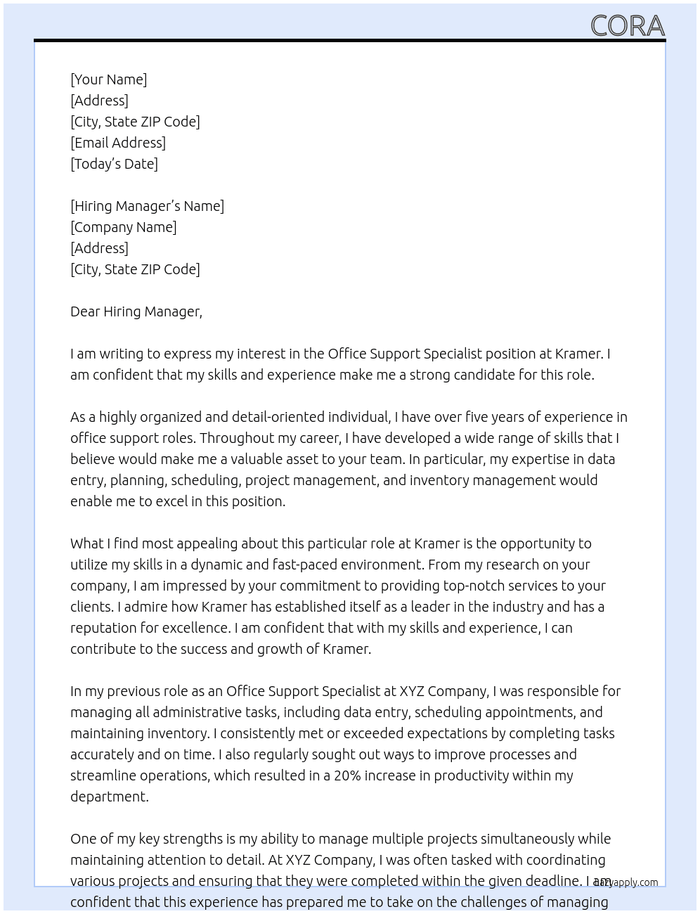 Office Support Specalist At Kramer Cover Letter
