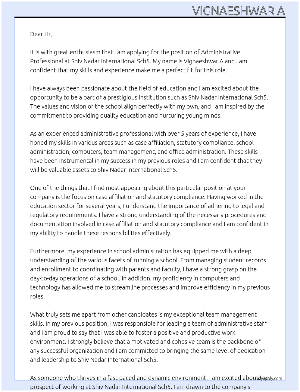 Administrative Professional At Shiv Nadar International Sch5 Cover Letter