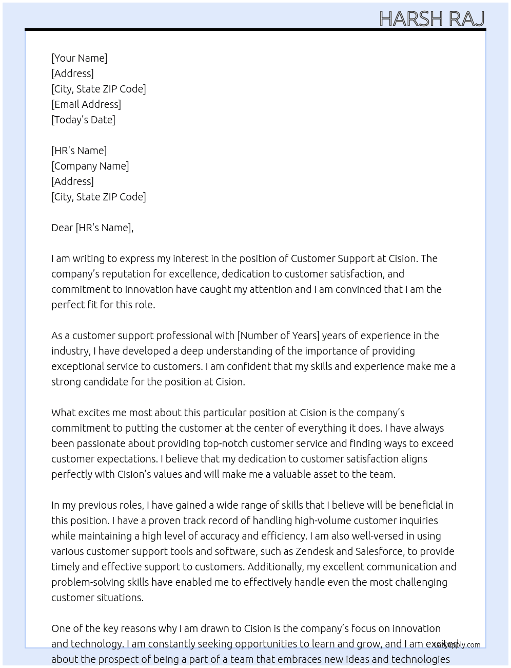 Customer support  At Cision Cover Letter
