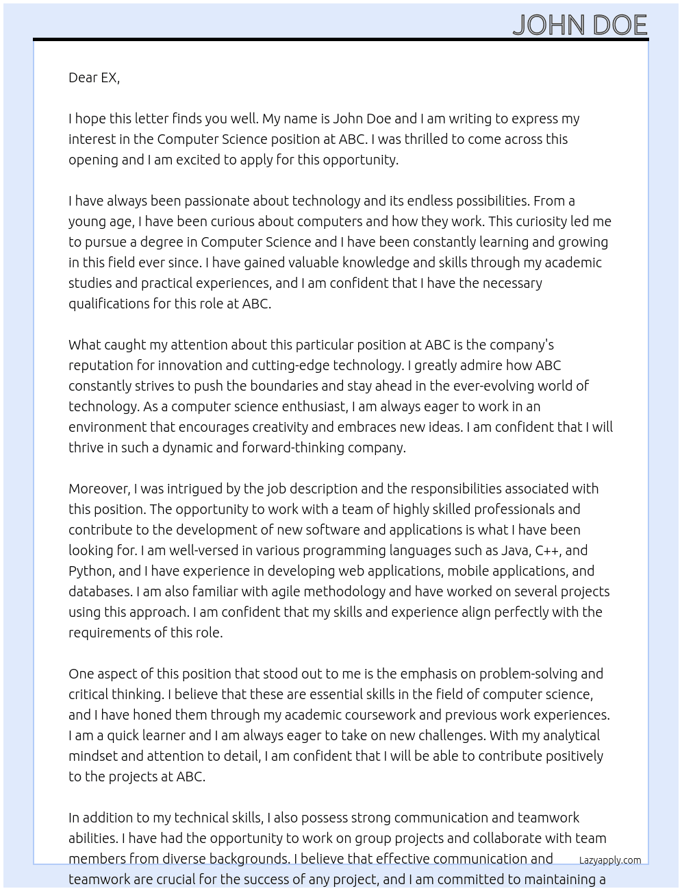 computer science  At ABC Cover Letter